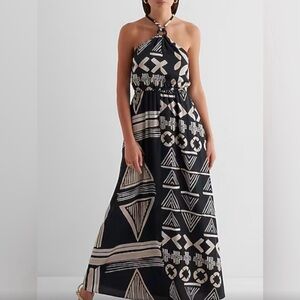 Elegant Black and Cream Halter Maxi Dress